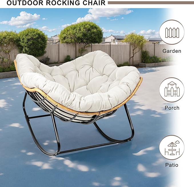 Outdoor Egg Rocking Chair, Indoor Papasan Rocking Chair with Thick Cushion, Modern Lounge Rocker for Balcony, Living Room, Bedroom, Porch, Lawn, Garden (Ivory)