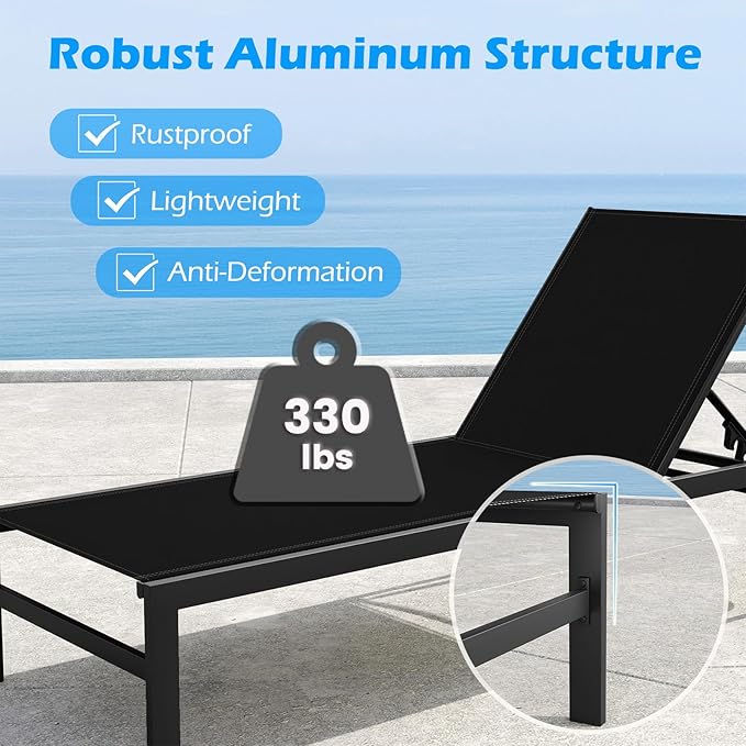 HAPPYGRILL Aluminum Chaise Lounge Chair, Heavy-Duty Patio Recliner W/ 6-Level Backrest & Breathable Fabric - Photo 5