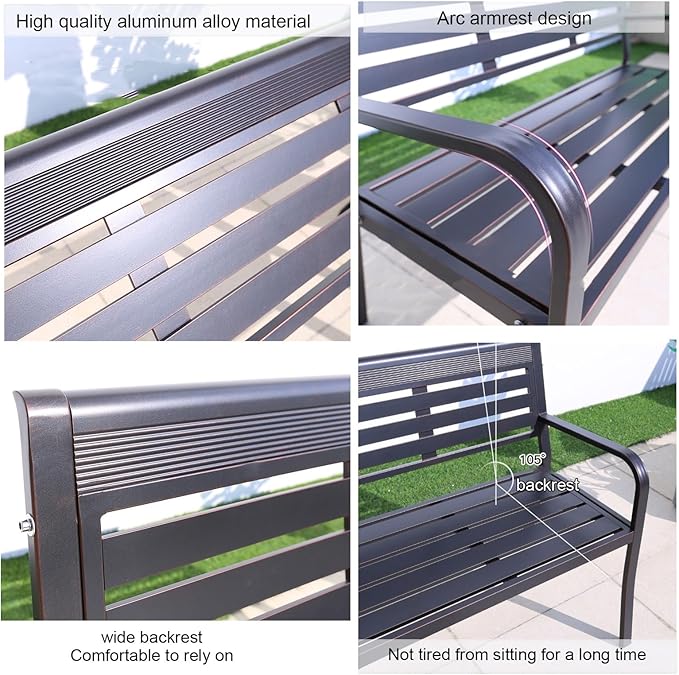 Metal Garden Bench, Outdoor Park Bench, Patio Bench Weatherproof, Porch Bench, Aluminum Alloy Frame, for Porch, Lawn, Balcony and Backyard (Color : Khaki)
