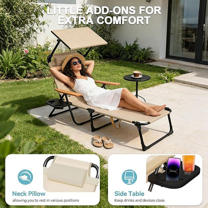 Outdoor Chaise Lounge Chair with 4-Position Adjustable Backrest,Patio Folding Sun Tanning Chair,Pillow & Cup Holder,Portable Recliner Sunbathing Lounger Chairs for Beach Garden (Beige with Shade)