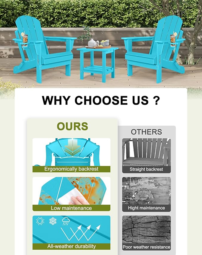 Folding Adirondack Chairs Set of 2- Plastic Adirondack Chairs with Cup Holder, Weather Resistant for Outdoor, Patio, Lawn, Garden, Backyard Deck, Fire Pit - Turquoise