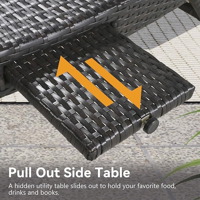 80'' Outdoor Wicker Chaise Lounge Chairs Set of 2, Patio Rattan Reclining Chair with Pull-Out Side Table - Photo 8
