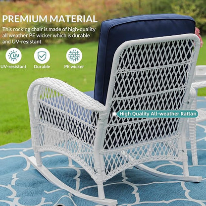 MEETWARM Outdoor Wicker Rocking Chairs Set of 2, Rattan Patio Rocker Chairs with Thick Cushions and High Back, All-Weather Patio Wicker Chair with Safe Rocking Design for Garden, White/Navy
