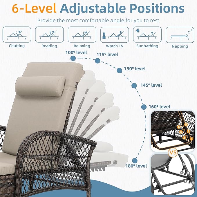Outdoor Chaise Lounge Chair, PE Wicker Long Recliner Patio Lounge Chair with Cushion - Photo 8