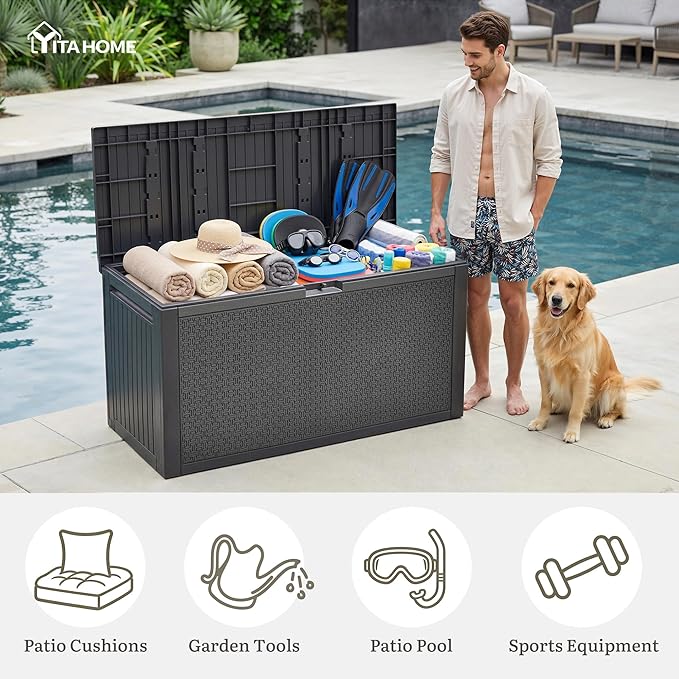 YITAHOME 90 Gallon Large Outdoor Deck Box, Lockable Waterproof Resin Storage Box with Handles - Photo 5