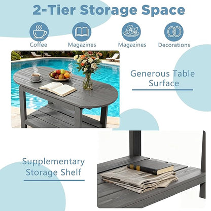 HIPS Coffee Table with Rounded Curved Sides Indoor Outdoor, Rustic Wood Desktop Easy Assembly Farmhouse Style, Suitable for Home Office Use. (Grey)
