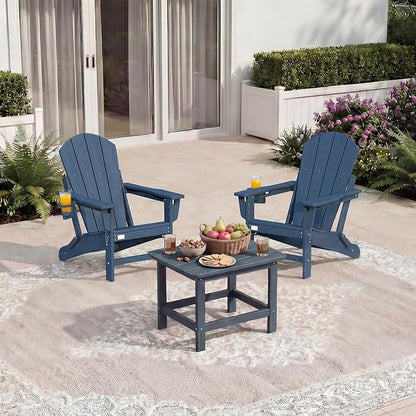 Mdeam 3-Position Adjustable Adirondack Chairs Set of 2, 400LBS Capacity, Cup Holder, Wooden Textured, All-Weather HDPE Folding Fire Pit Outdoor Chairs for Poolside Deck Patio Garden Yard - Navy Blue