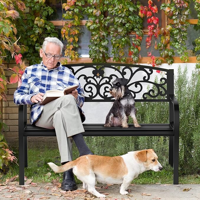 VINGLI Outdoor Bench, Metal Frame Garden Bench with PVC Floral Back Pattern and Slatted Seat, Black Patio Benches for Front Proch Entryway Park