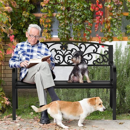 VINGLI Outdoor Bench, Metal Frame Garden Bench with PVC Floral Back Pattern and Slatted Seat, Black Patio Benches for Front Proch Entryway Park