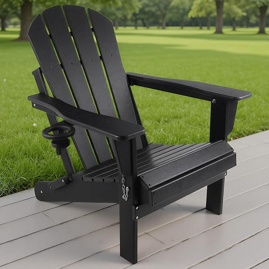 Magpie Fabrics Foldable Adirondack Chair with Cup Holder, HDPE Weather Resistant Oversize Outdoor Chair, Widely Used in Patio, Fire Pit, Deck, Porch, Garden, Campfire (Black)