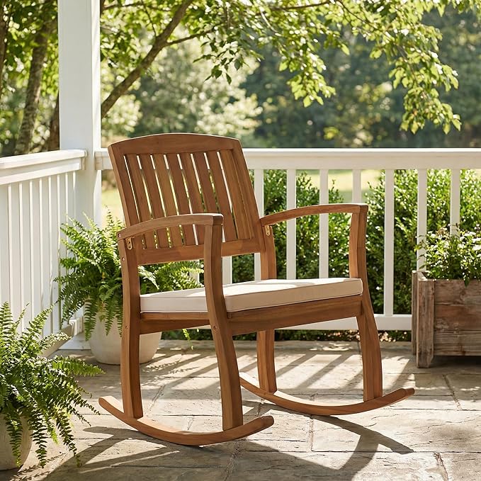 Acacia Wood Outdoor Rocking Chair, Patio Furniture for Garden, Lawn, Porch, Balcony, Nursery, Modern Water-Resistant Comfortable Rocker for Backyard Poolside Relaxation
