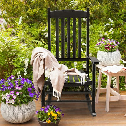Outdoor Porch Rocker Chairs,Weather Resistant Wood Rocking Chair for Adults,Modern Rocking Accent Chairs,Indoor Outside Furniture Rocker,with Armrest,for Garden Lawn Backyard Poolside Deck (Black)