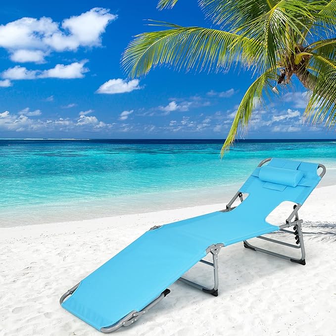 GYMAX Tanning Chair, Folding Beach Lounger with Face Arm Hole, Adjustable Backrest, Side Pocket & Carry Handle, Outside Sunbathing Lounge Chair for Patio, Poolside, Lawn (2, Turquoise)