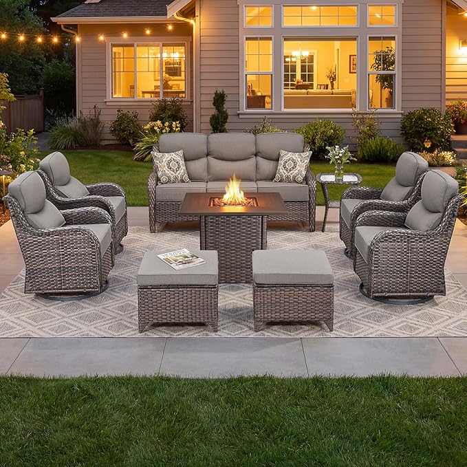 Luxury Patio Furniture Set with 6-inch Thick Cushion, Outdoor Furniture with Fire Pit Table, Swivel Chairs, Sofa - Photo 1