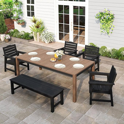 Outdoor Dining Table, Weatherproof 63" Rectangle HIPS Patio Dining Table for 6, with 2" Umbrella Hole, Outdoor Table for Backyard Deck Poolside, Teak