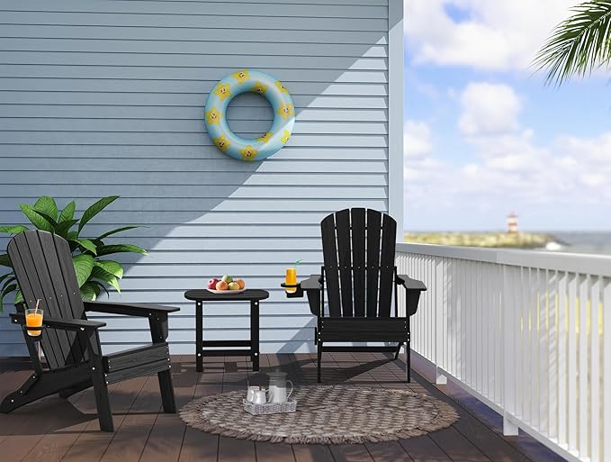 Upgraded Folding Adirondack Chair with All-Weather Cup Holder-EcoVida, Premium Wood Grain Texture, HDPE Waterproof, Suitable for Fire Pit, Patio, Porch, Black