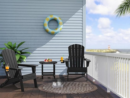 Upgraded Folding Adirondack Chair with All-Weather Cup Holder-EcoVida, Premium Wood Grain Texture, HDPE Waterproof, Suitable for Fire Pit, Patio, Porch, Black
