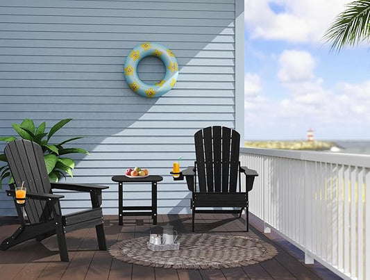 Upgraded Folding Adirondack Chair with All-Weather Cup Holder-EcoVida, Premium Wood Grain Texture, HDPE Waterproof, Suitable for Fire Pit, Patio, Porch, Black