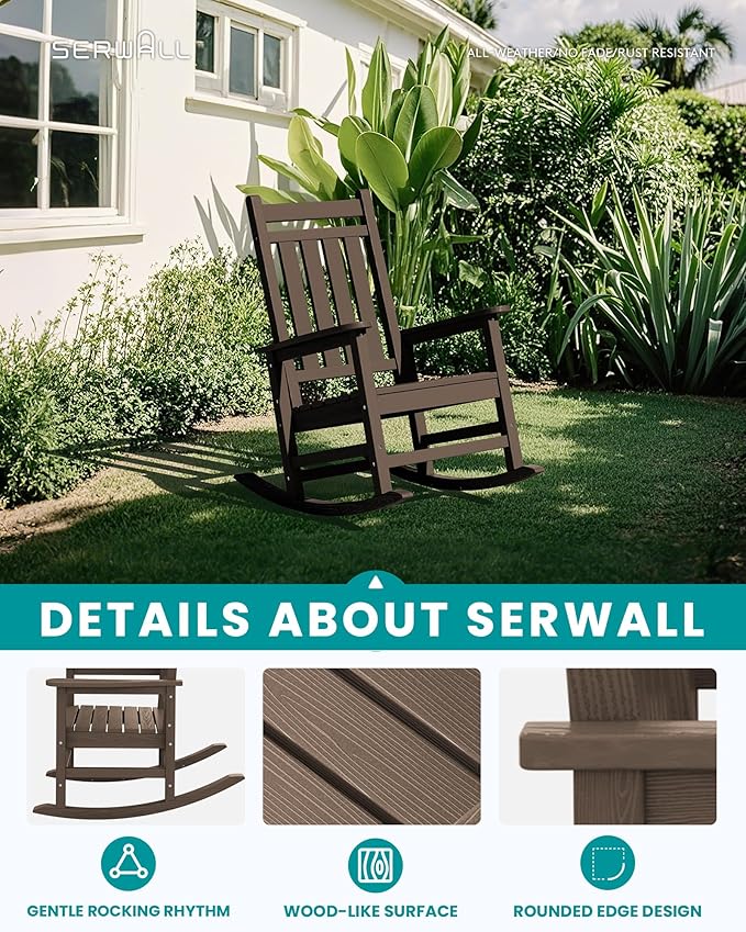 SERWALL HDPE Outdoor Rocking Chair Set of 8, Patio Rocking Chairs for Adults, All Weather Outdoor Rockers for Lawn, Coffee