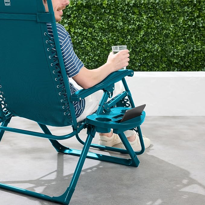 Best Choice Products Adjustable Zero Gravity Chair, Monochromatic Color Folding Patio Recliner w/Side Tray, Headrest - Peacock
