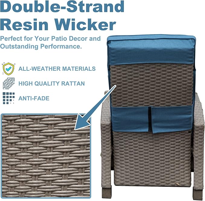 Domi Outdoor Recliner Chair, Patio Recliner with Hand-Woven Wicker, Flip Table Push Back, Adjustable Angle, Thickness Cushions, Reclining Lounge Chair for Indoor & Outdoor, Navy Blue