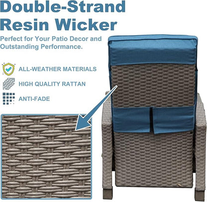 Domi Outdoor Recliner Chair, Patio Recliner with Hand-Woven Wicker, Flip Table Push Back, Adjustable Angle, Thickness Cushions, Reclining Lounge Chair for Indoor & Outdoor, Navy Blue