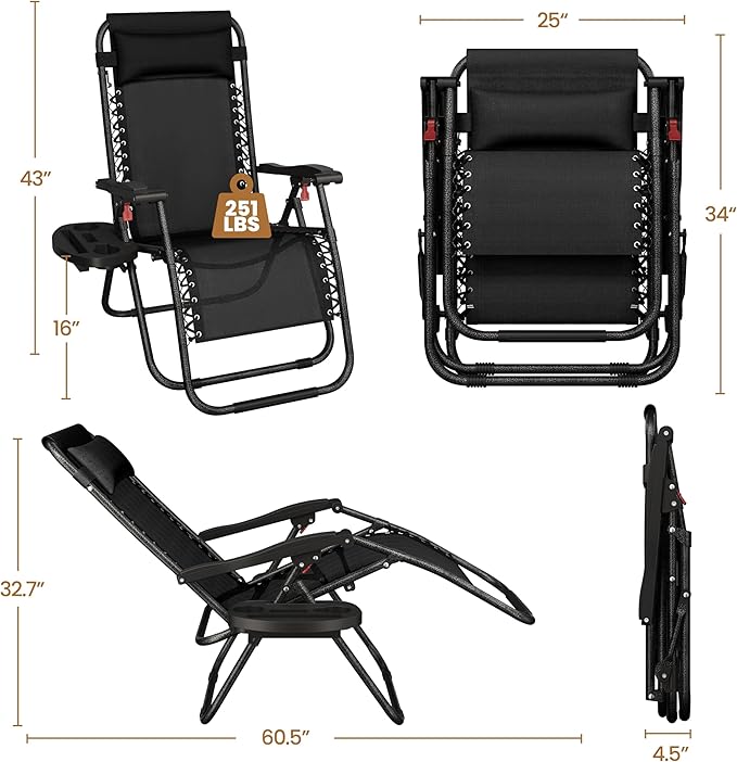 Yaheetech 26" Zero Gravity Recliners Outdoor Adjustable Folding Reclining Lounge Chairs w/Pillows - Photo 3