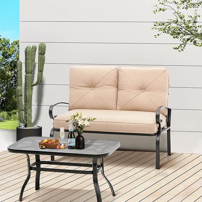 Oakcloud Outdoor 2 Pcs Patio Loveseat Bench Metal Frame Furniture Set with Thick Cushions and Coffee Table, Wrought Iron Look (Brown)