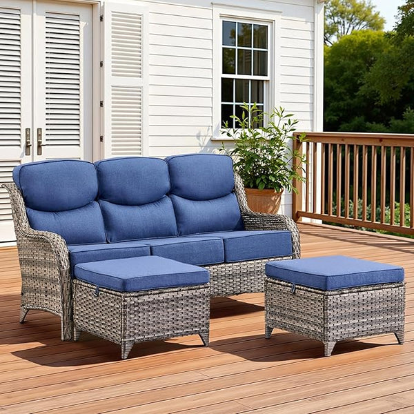 3 Pieces Patio Furniture Sofa Set with 6" Thick Cushions, High Back Wicker Sectional Outdoor Sofa with Ottomans - Photo 1