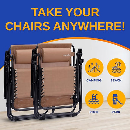 SereneLife Zero Gravity Outdoor Lounge Chairs 2 Pack – Folding Recliners with Side Table, Cup Holder & Padded Headrest – Adjustable Patio Chairs for Lawn, Garden, Deck, Camping (Cream)