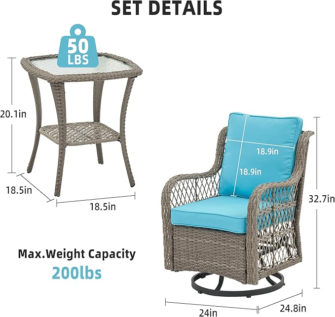 GAOMON 3 Pieces Outdoor Swivel Rocker Chair Set of 2 with Small Side Table, 360-Degree Swivel Rocking Chair - Photo 2