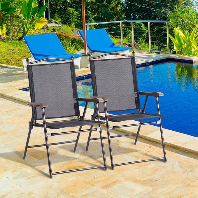 Giantex Set of 2 Patio Folding Chairs, Outdoor Patio Dining Chairs w/Armrest, Sling Back, Metal Frame - Photo 4