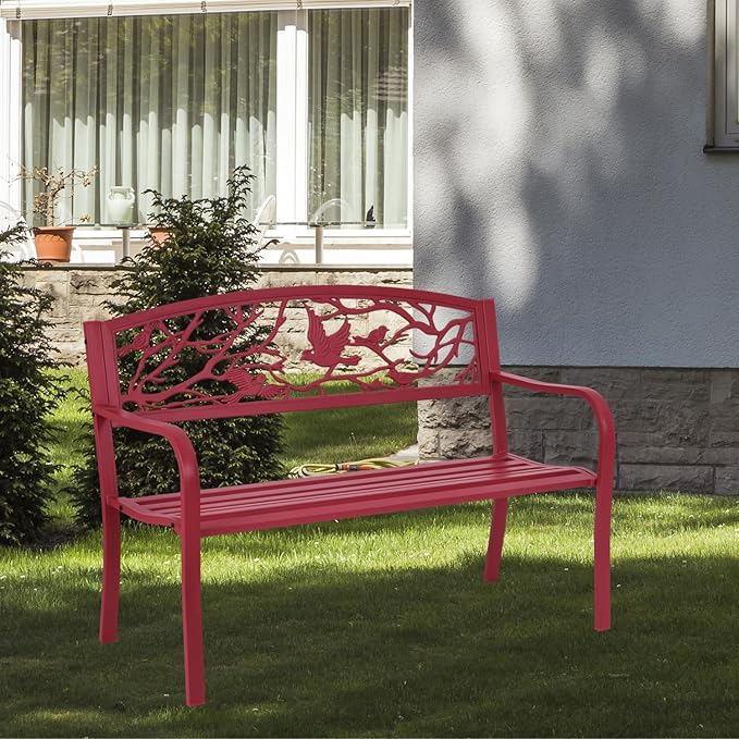 Giantex 50”Outdoor Bench with Cast Iron Backrest & Ergonomic Armrest, 600 lbs Steel Metal Frame - Photo 2
