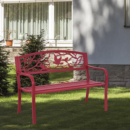 Giantex 50”Outdoor Bench with Cast Iron Backrest & Ergonomic Armrest,600 lbs Steel Metal Frame, Garden Bench for Park Front Porch Patio Lawn Backyard Balcony Path Entryway Deck, Red Bird Pattern