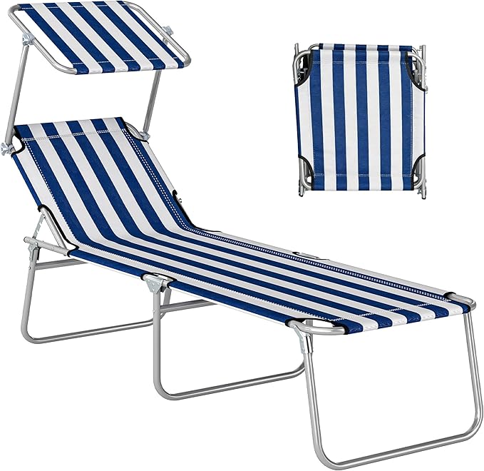 Outsunny Outdoor Lounge Chair, Adjustable Folding Chaise Lounge, Tanning Chair with Sun Shade for Beach, Camping, Hiking, Backyard, Blue and White