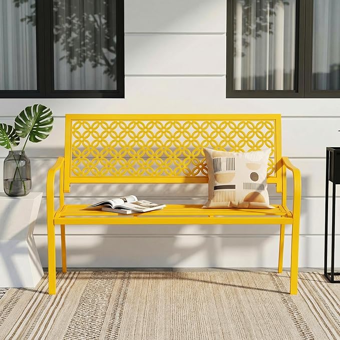 ONBRILL 50" Outdoor Bench, Garden Benches with Galvanized Metal Frame, Front Porch Bench with Floral Backrest, Patio Furniture with Adjustable Feet for Park, Yard, Lawn, Entryway, Yellow
