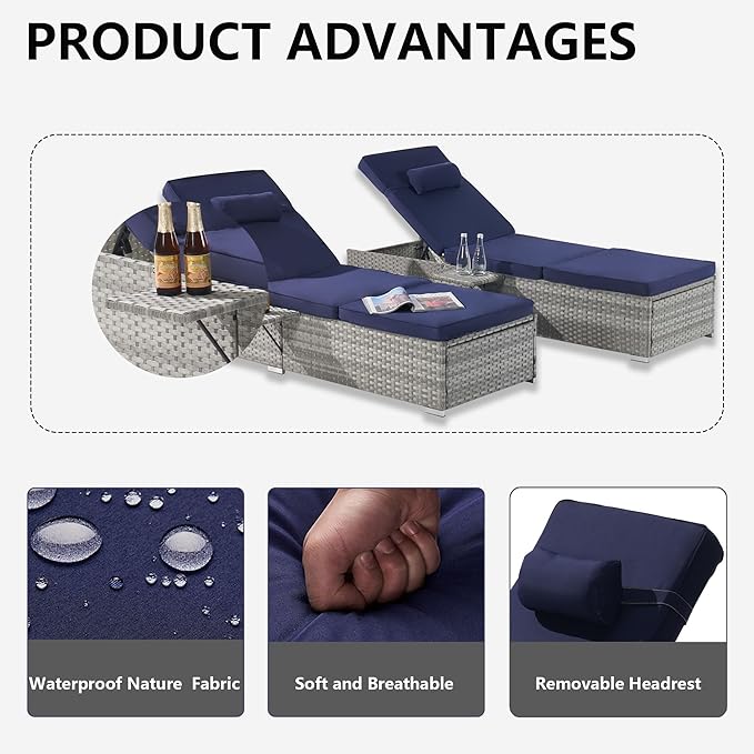 Outdoor Chaise Lounge Chair Set of 2 Wicker Pool Lounge Chairs Tanning Lounges for Outside Lawn Sunbathing Chairs with - Photo 6