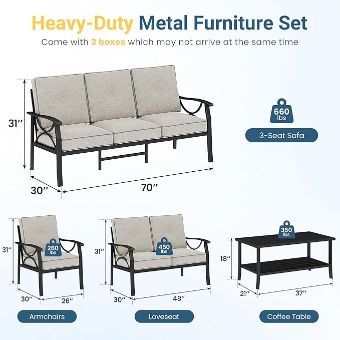 RoyalCraft Outdoor Patio Furniture Set, 7 Seats Outdoor Patio Set with 4" Thick Cushion, All-Weather Metal Patio Sofa with Coffee Table, Outdoor Sectional Furniture for Backyard Porch, Black&Beige
