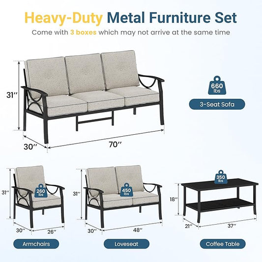 RoyalCraft Outdoor Patio Furniture Set, 7 Seats Outdoor Patio Set with 4" Thick Cushion, All-Weather Metal Patio Sofa with Coffee Table, Outdoor Sectional Furniture for Backyard Porch, Black&Beige