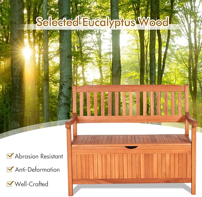 S AFSTAR Outdoor Patio Bench with Storage Box, 33 Gallon Storage Bench Deck Box with Dustproof Liner, Comfort Backrest & Wide Armrest, 800 lbs Capacity, Wood Bench for Garden Patio Park Porch