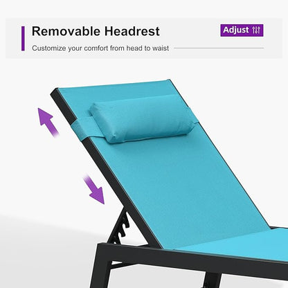 PURPLE LEAF Outdoor Oversized Lounge Chair Set of 3 Patio Chaise Pool Lounger Aluminum Frame with Side Table and Wheels for Outside Sunbathing Tanning Recliner Including Pillows Turquoise Blue