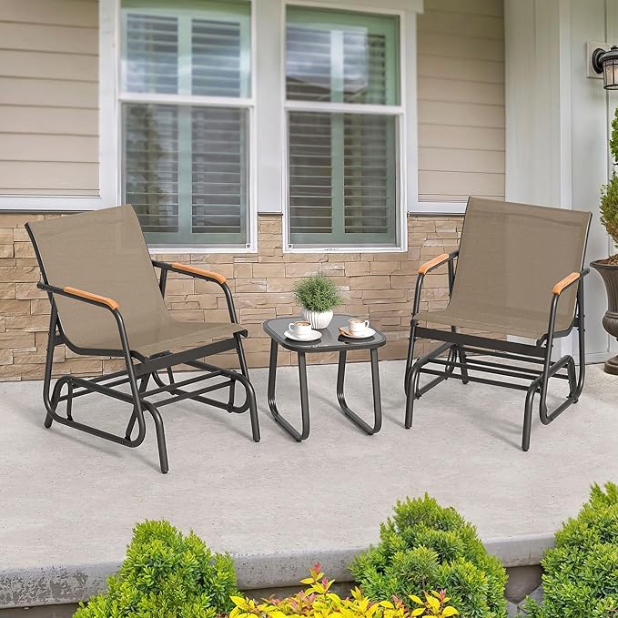 YITAHOME 3 Piece Patio Furniture Set, Outdoor Glider Chair Bistro Set, Coffee Table with Tempered Glass Tabletop - Photo 7