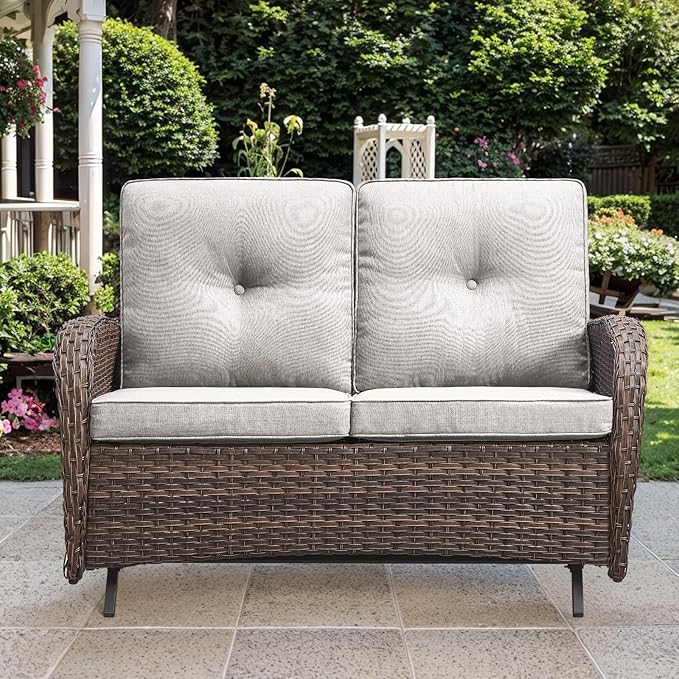 Patio Loveseat Wicker Loveseat Rattan Glider Sofa with Curved Armrest Thicking Back & Seat Cushions for Garden Balcony - Photo 7