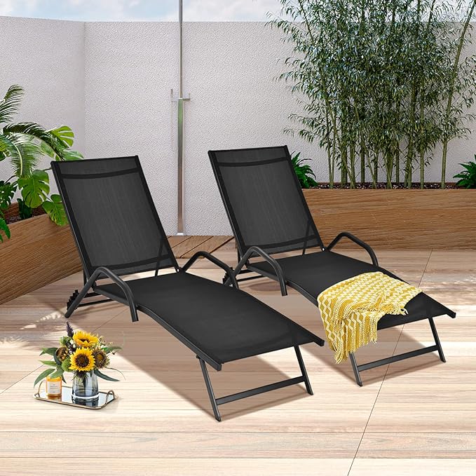 Tangkula Outdoor Patio Chaise Lounge Chairs, Reclining Lounge Chairs with 5-Position Adjustable Backrest & Breathable Fabric, Outdoor Recliner Chairs for Lawn, Poolside & Backyard, Set of 2 (2, Black)