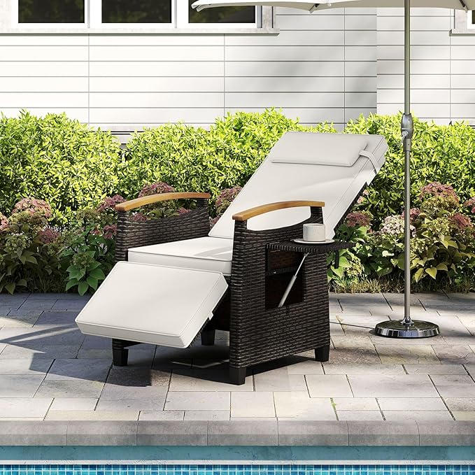 LDAILY Moccha Wicker Outdoor Recliner Chair - Rattan Lounge Chair with Adjustable Backrest & Footrest, Flip Side Table, Cushion, Push Back Reclining Seat for Pool Yard Patio Porch Balcony (Off White)