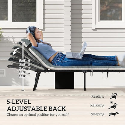 Outsunny Chaise Lounge Chair Outdoor Set of 2, 5-Position Adjustable Outdoor Pool Lounge Chairs, Folding Tanning Chair Beach Lounger with Cushion, Headrest, Side Pocket for Patio, Yard, Black/Gray