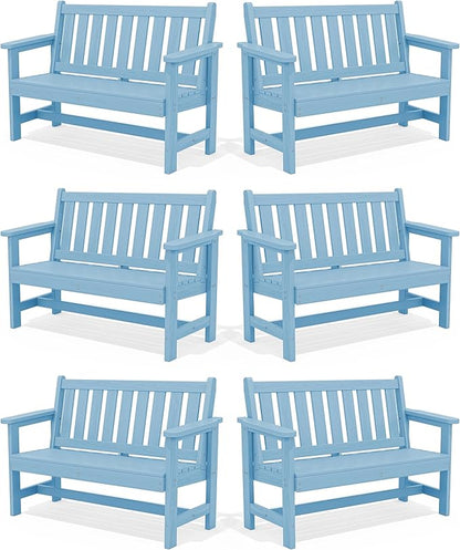SERWALL Outdoor Bench, HDPE Outdoor Benches Weatherproof, 2-Person Garden Bench with 660 lbs Weight Capacity, Patio Benches for Outdoors, Garden, Porch, Backyard and Park, Light Blue, 6 Pack