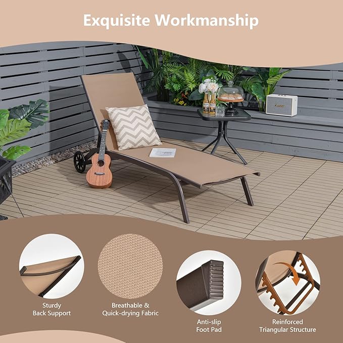 COSTWAY Chaise Lounge Chair Outdoor with Wheels, 6-Position Adjustable Tanning Chair with Stable Aluminum Frame - Photo 7