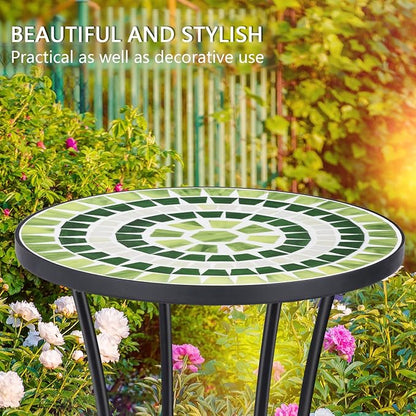 VCUTEKA Outdoor Side Table Mosaic Patio Table Accent Tables Mosaic Tile Top Metal Frame Small End Tables Porch Beach Patio Garden Balcony Grass Green