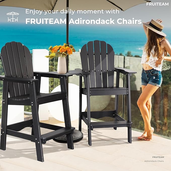 FRUITEAM Adirondack Chairs Set of 2, Recycled Poly Adirondack Chair Balcony Chair with Connecting Table, Weather-Resistant Outdoor Bar-Height Tall Adirondack Chairs for Patio, Pool, Yard, Lawn